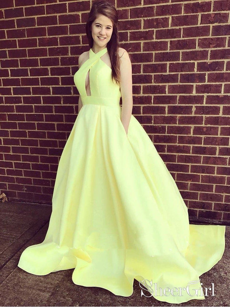 Yellow Simple Prom Dresses with Pocket Open Back Prom Dresses APD3478-SheerGirl