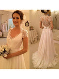 A-line Chiffon Beach Wedding Dress Cap Sleeves Sweep Train Bridal Gown,apd1637-SheerGirl