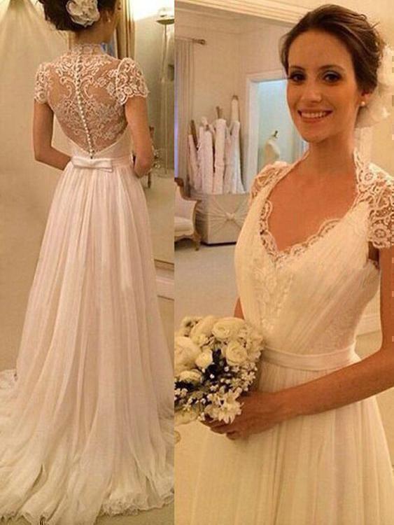 A-line Chiffon Beach Wedding Dress Cap Sleeves Sweep Train Bridal Gown,apd1637-SheerGirl