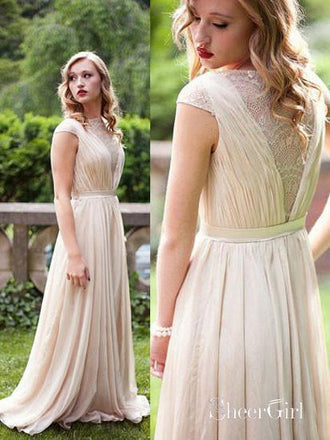 A-line Chiffon Long Bridesmaid Dress,Simple Prom Dress with Cap Sleeves,apd1551-SheerGirl