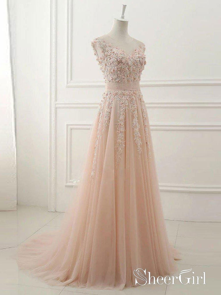 A-Line Lace Appliqued Illusion Neck Long Simple Prom Dresses APD3020 A-Line Lace Appliqued Illusion Neck Long Simple Prom Dresses APD3020