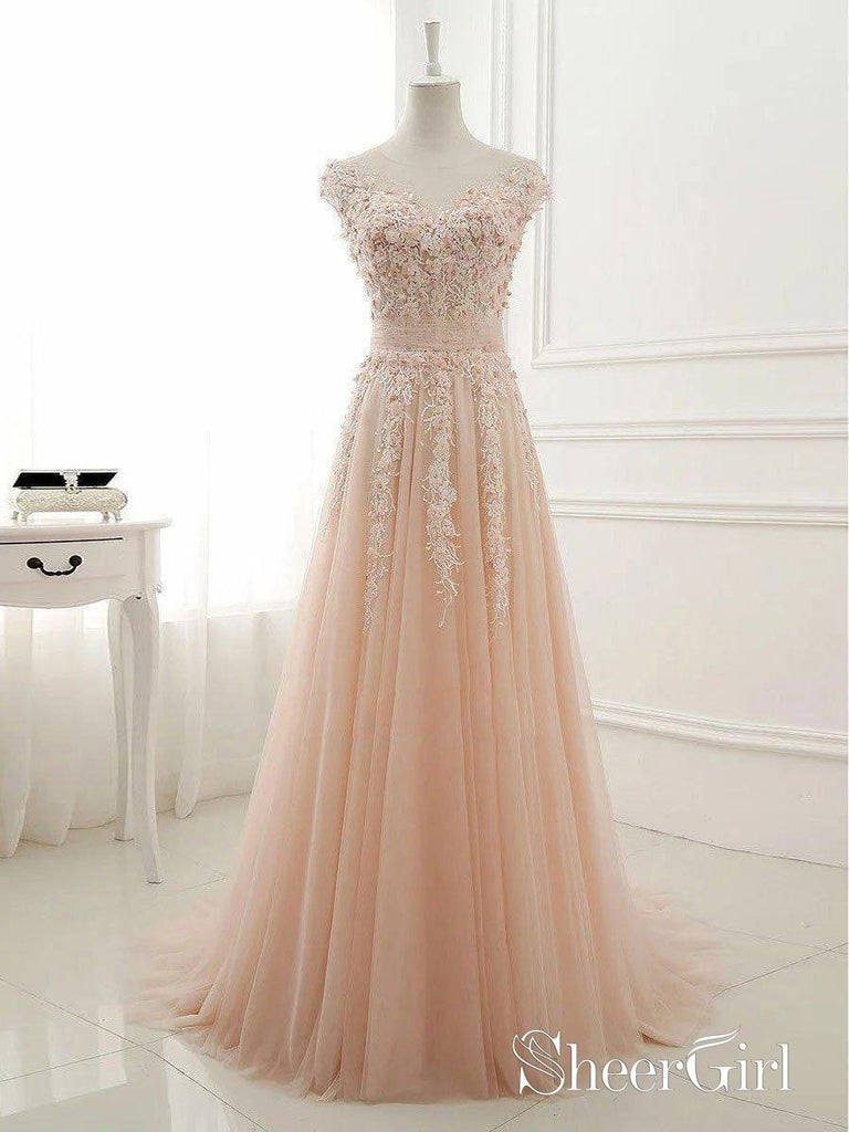 A-line Lace Appliqued Illusion Neck Long Simple Prom Dresses APD3020 –  SheerGirl