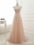 A-line Lace Appliqued Illusion Neck Long Simple Prom Dresses APD3020-SheerGirl