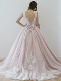 A-line Nude Tulle Bridal Dresses Ivory Lace Appliqued Ball Gown Wedding Dresses,apd2677-SheerGirl