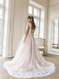 A-line Nude Tulle Bridal Dresses Ivory Lace Appliqued Ball Gown Wedding Dresses,apd2677-SheerGirl