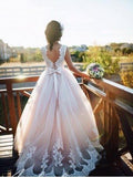 A-line Nude Tulle Bridal Dresses Ivory Lace Appliqued Ball Gown Wedding Dresses,apd2677-SheerGirl