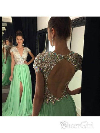 A-line V-neck Beaded Bodice Chiffon Long Prom Dresses with Cap Sleeves,apd1677-SheerGirl