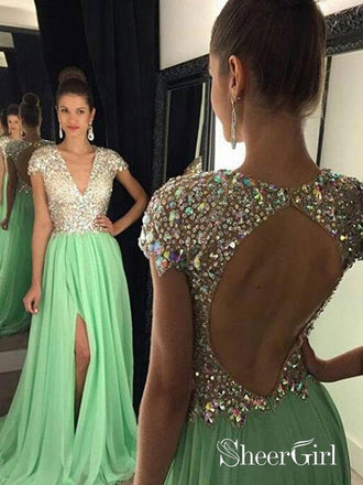 A-line V-neck Beaded Bodice Chiffon Long Prom Dresses with Cap Sleeves,apd1677-SheerGirl