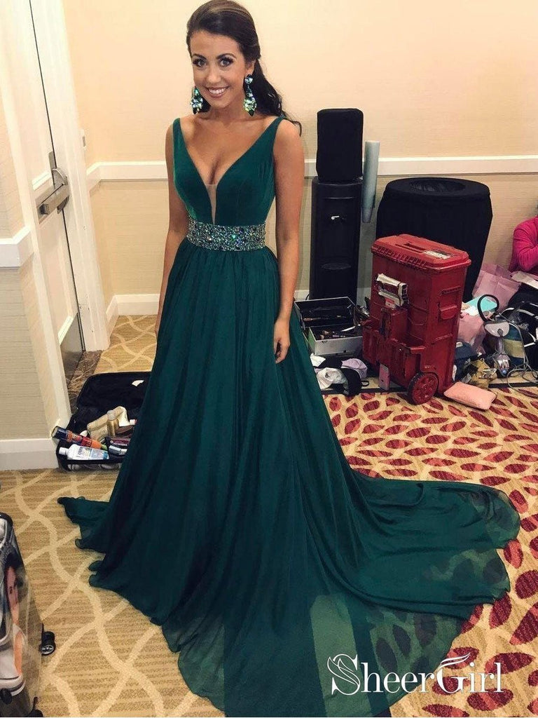 A-line V-neck Dark Green Chiffon with Beaded Waistband Long Prom Dresses APD3046-SheerGirl