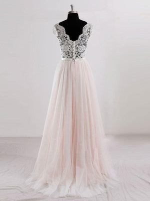 A-line V-neck See-through Lace Appliqued Tulle Beach Wedding Dresses APD3013-SheerGirl