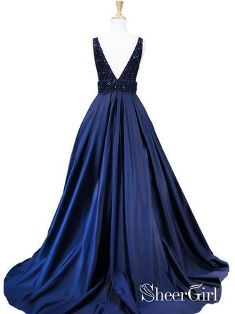 Beaded Bodice Ball Gown Navy Blue Satin Long Prom Dresses 2019 APD3028-SheerGirl