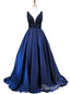 Beaded Bodice Ball Gown Navy Blue Satin Long Prom Dresses 2019 APD3028