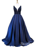 Beaded Bodice Ball Gown Navy Blue Satin Long Prom Dresses 2019 APD3028-SheerGirl