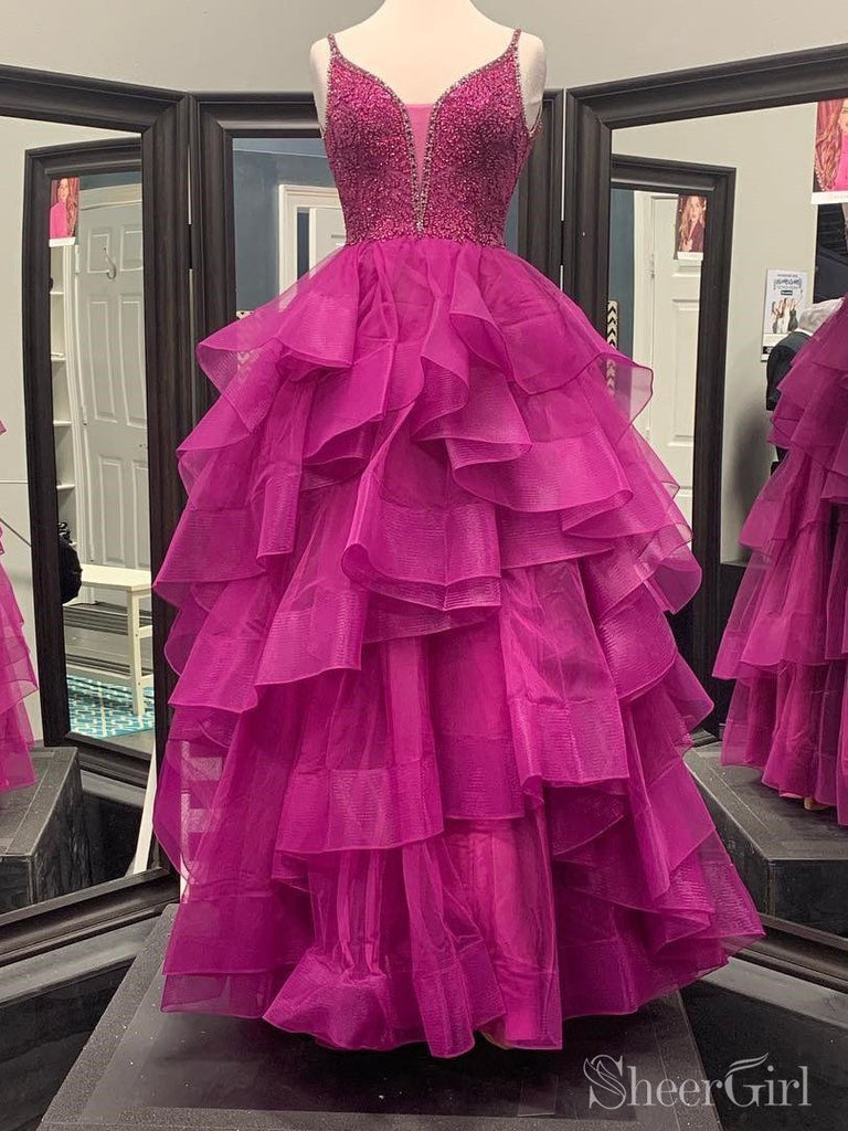 Beaded Fuchsia Pink Quinceanera Dress V Neck Ball Gown Prom Dresses AR SheerGirl Beaded Fuchsia Pink Quinceanera Dress V Neck Ball Gown Prom Dresses AR SheerGirl