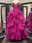 Korálkové fuchsiové růžové šaty Quinceanera plesové šaty s výstřihem do V, plesové šaty ARD2243