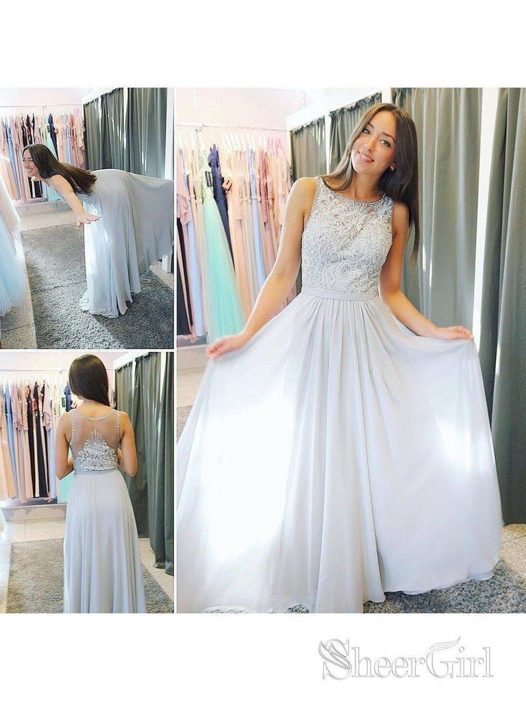 Beaded Silver Chiffon Long Prom Dresses Lace Appliqued Formal Dresses ARD1423-SheerGirl
