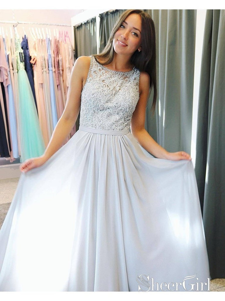 Beaded Silver Chiffon Long Prom Dresses Lace Appliqued Formal Dresses ARD1423-SheerGirl