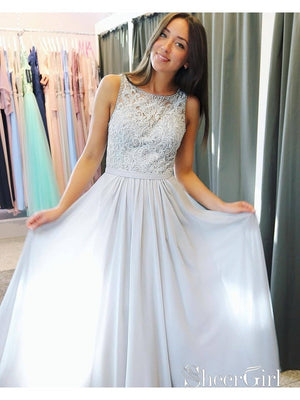 Beaded Silver Chiffon Long Prom Dresses Lace Appliqued Formal Dresses ARD1423-SheerGirl