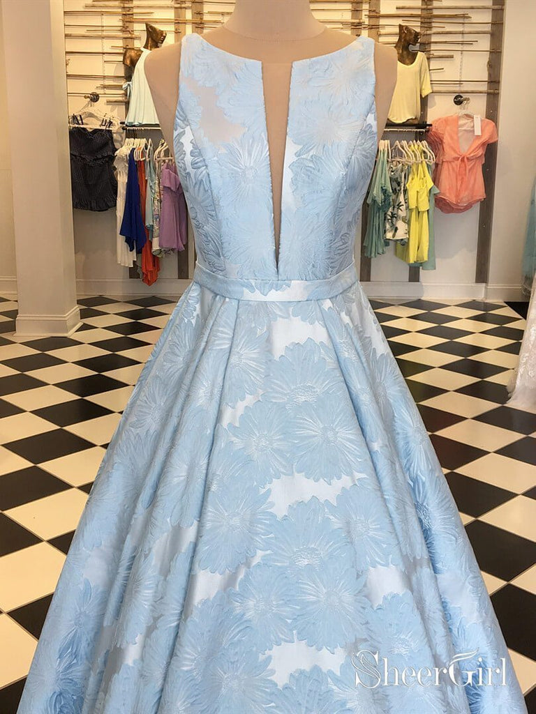 Cheap Sky Blue Long Prom Dresses with Pockets Lilac Jacquard Prom Ball Gown ARD1879-SheerGirl