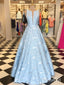 Cheap Sky Blue Long Prom Dresses with Pockets Lilac Jacquard Prom Ball Gown ARD1879