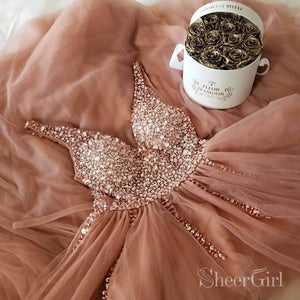 Dusty Rose Long Tulle Prom Dresses Shiny Bodice V Neck Formal Dress ARD2028-SheerGirl