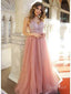 Dusty Rose Long Tulle Prom Dresses Shiny Bodice V Neck Formal Dress ARD2028