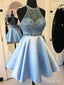 Ohlávkové šaty s vysokým výstřihem z korálků, světle modré saténové plesové krátké šaty, apd2505