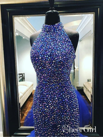 Halter High Neck Rhinestone Beaded Mermaid Prom Dresses APD3023-SheerGirl