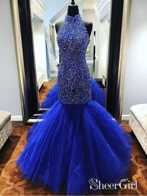 Halter High Neck Rhinestone Beaded Mermaid Prom Dresses APD3023-SheerGirl