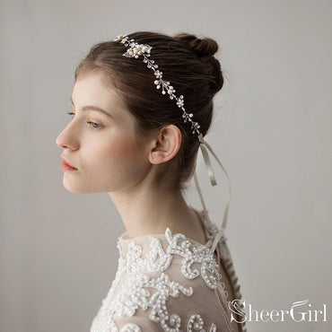 Hand-wired Crystal Petals Bridal Headband with Tieback and Pearl ACC1113-SheerGirl