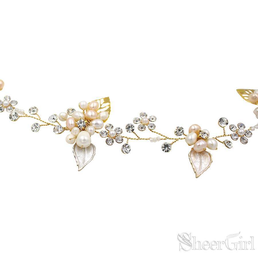 Hand-wired Crystal Petals Bridal Headband with Tieback and Pearl ACC1113-SheerGirl
