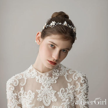 Hand-wired Crystal Petals Bridal Headband with Tieback and Pearl ACC1113-SheerGirl