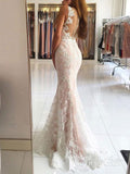 Ivory Lace V-neck Mermaid Long Prom Dresses with Sweep Train APD3078-SheerGirl