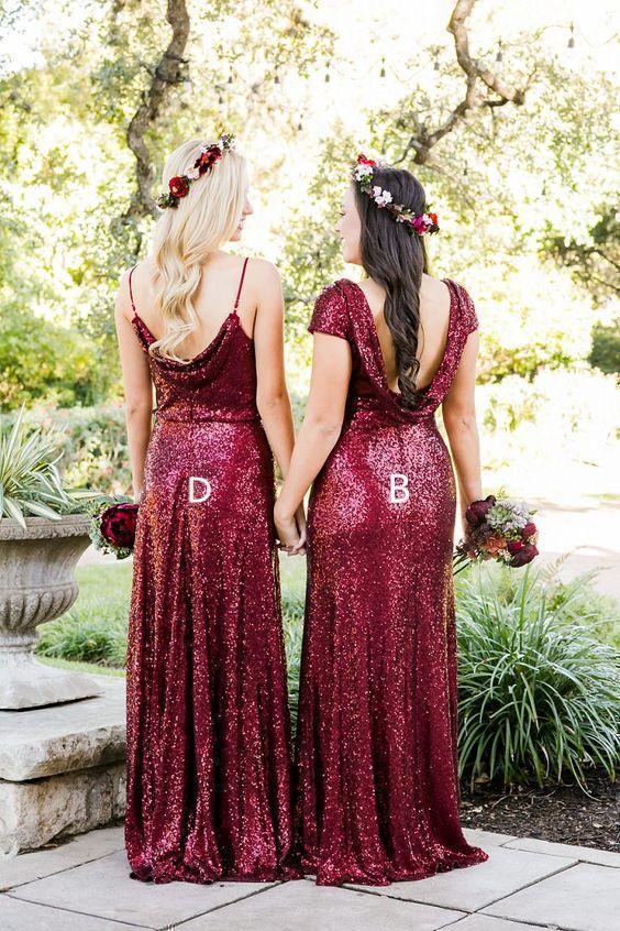 Ball Gown Burgundy Sequin Bridesmaid Dresses Long Sequins Lace Burgundy Modest Mismatched Bridesmaid Dresses With Sleeves PB10106 Ball Gown Burgundy Sequin Bridesmaid Dresses Long Sequins Lace Burgundy Modest Mismatched Bridesmaid Dresses With Sleeves PB10106