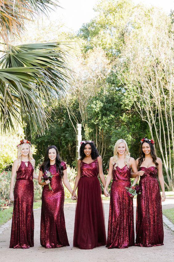 Champagne Burgundy Mismatched Bridesmaid Dresses Burgundy