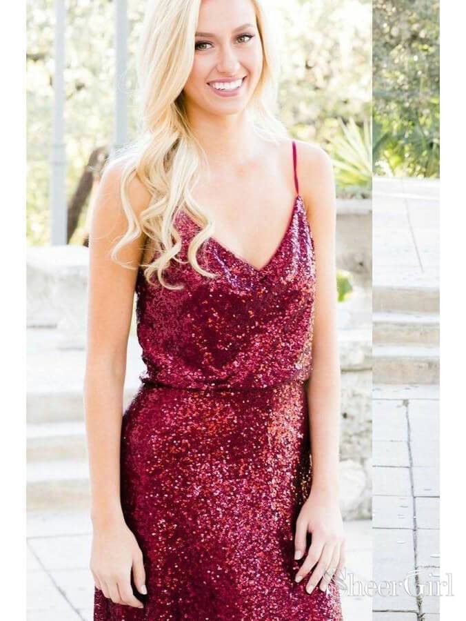 Long Sequins Lace Burgundy Modest Mismatched Bridesmaid Dresses with Sleeves PB10106 Long Sequins Lace Burgundy Modest Mismatched Bridesmaid Dresses with Sleeves PB10106