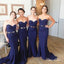 Vestidos de dama de honor de punto azul marino con cola, vestidos de fiesta de boda de sirena con cuello de corazón, apd1728