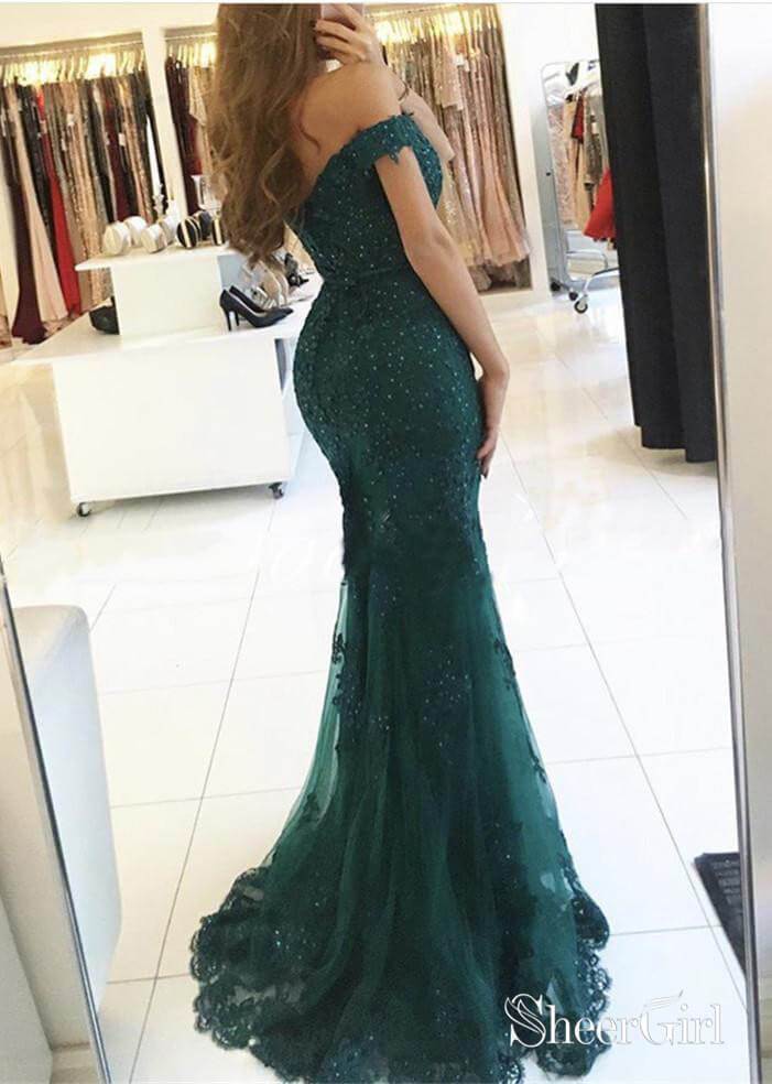 Off the Shoulder Emerald Green Lace Mermaid Long Prom Dresses APD2992 Off the Shoulder Emerald Green Lace Mermaid Long Prom Dresses APD2992