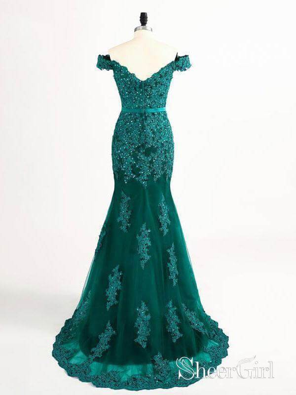 Off the Shoulder Emerald Green Lace Mermaid Long Prom Dresses APD2992-SheerGirl