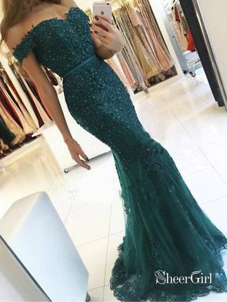 Off the Shoulder Emerald Green Lace Mermaid Long Prom Dresses APD2992-SheerGirl