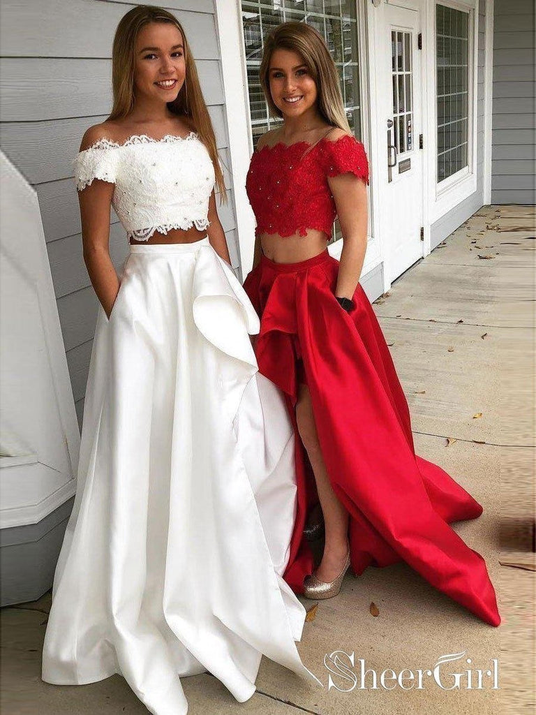 red off the shoulder two piece prom dress Two Piece Off-the-Shoulder Floor-Length Red Floral Prom Dress with Poc Promfast