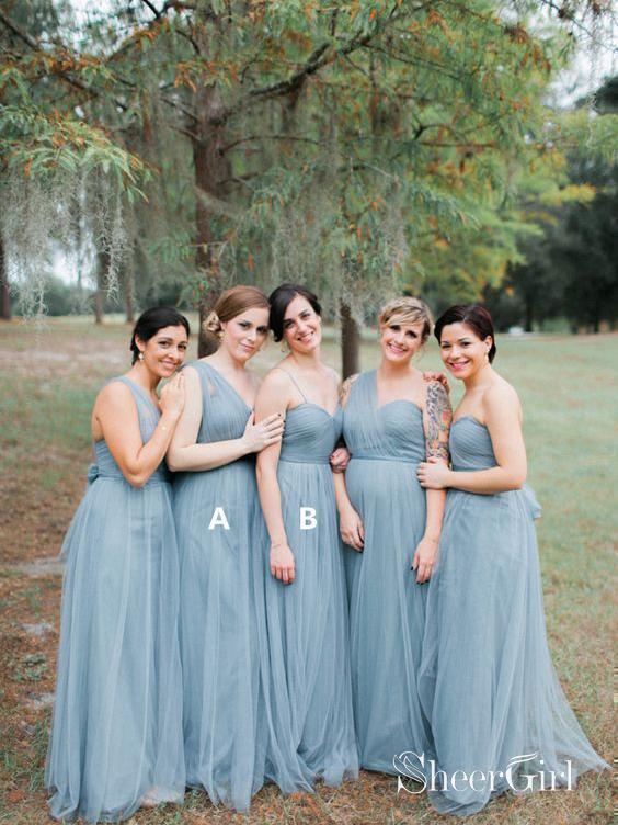 One Shoulder Spaghetti Strap Mismatched Bridesmaid Dresses Dusty Blue PB10089 One Shoulder Spaghetti Strap Mismatched Bridesmaid Dresses Dusty Blue PB10089
