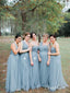 One Shoulder Spaghetti Strap Mismatched Bridesmaid Dresses Dusty Blue PB10089