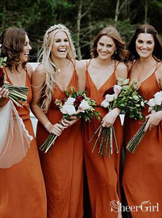 Orange Spaghetti V Neck Strap Long Bridesmaid Dresses Cheap APD1746-SheerGirl