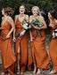 Vestidos de dama de honor largos con tirantes y cuello en V de espagueti naranja baratos APD1746