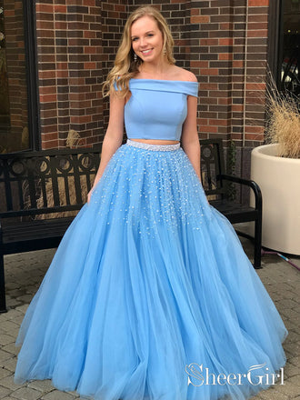 Pearls Junior Prom Dresses Sky Blue Lace Two Piece Prom Gown ARD2147-SheerGirl