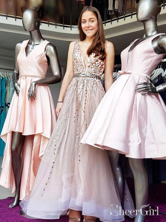 Rhinestone Beaded Formal Dresses Backless V Neck Shiny Prom Dresses ARD1441-SheerGirl