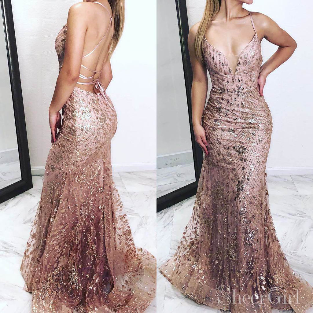 Sexy Gold Pink Mermaid Prom Dresses V Neck Backless Pageant Dress ARD2000-SheerGirl