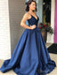 Simple Navy Blue Long Prom Dresses with Pockets APD3086