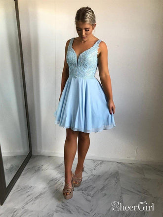 Sky Blue Short Prom Dresses Lace Appliqued Chiffon Homecoming Dresses ARD1356-SheerGirl